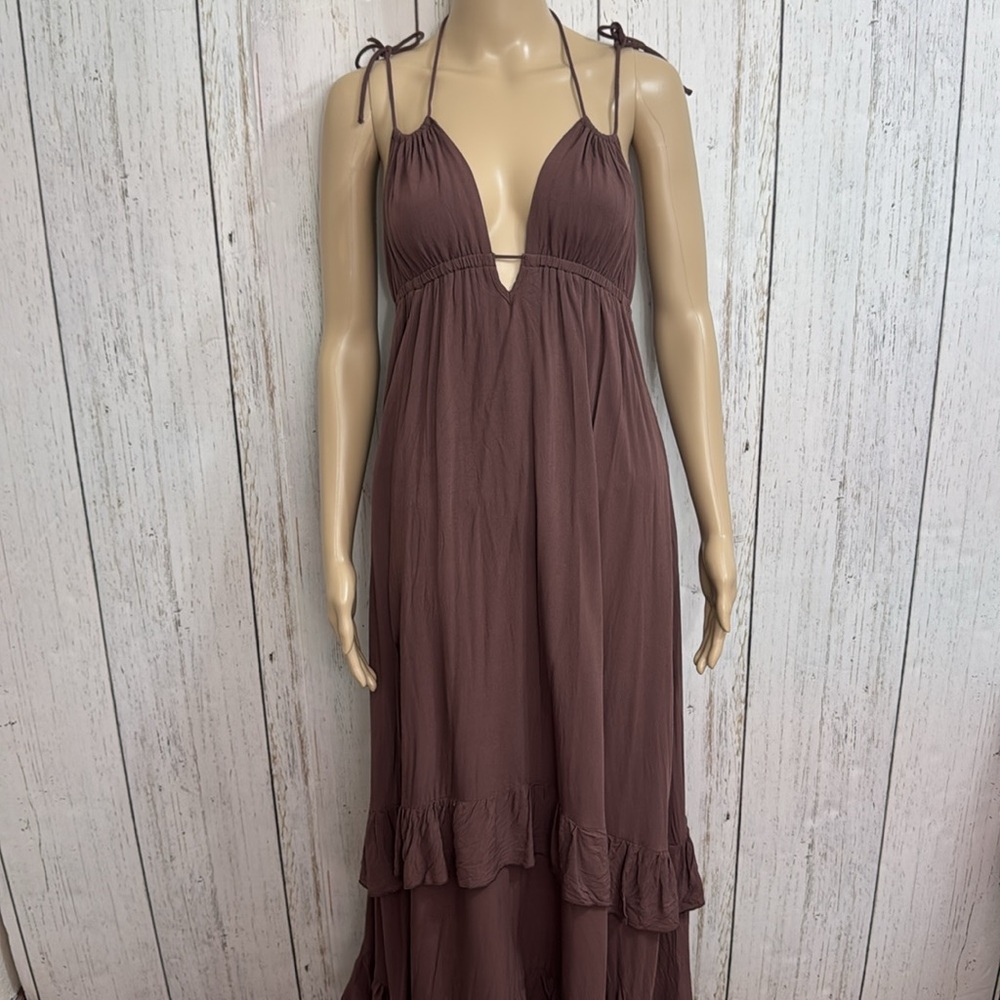 By Egreis Brown Ruffle Maxi Dress